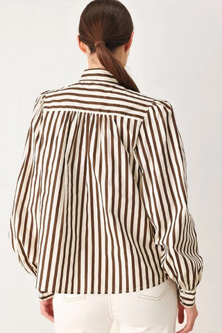 Brown and white vertical striped long sleeve woven blouse with pleated back yoke detail.