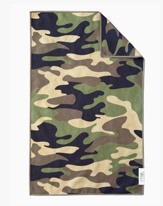 Crae double-sided hand towel featuring classic woodland camouflage pattern in green, black, tan, and brown.