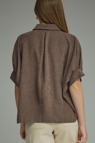 Taupe brown short dolman sleeve button-front top with cuffed sleeves, shown from back view.