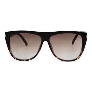 Oversized square sunglasses with black top frame, brown cheetah tortoise bottom, and gradient brown lenses.