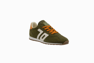 Asian W26 Sneaker in olive green suede with orange laces, white "70" side logo, and gum rubber sole.