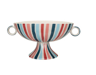 Hand-Painted Stoneware Footed Bowl w/ Handles & Stripes