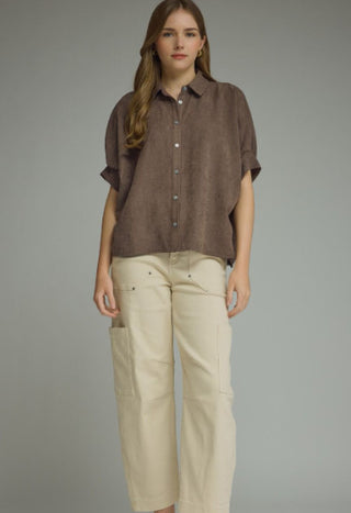 Taupe brown linen button-front shirt with short dolman sleeves and rolled cuffs, relaxed fit.