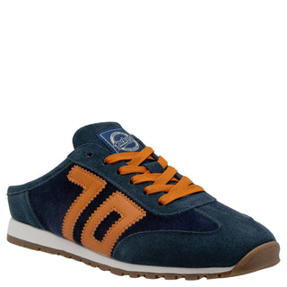 Back 70 Venice mule sneaker in navy blue suede with orange laces and tan leather stripe accents.