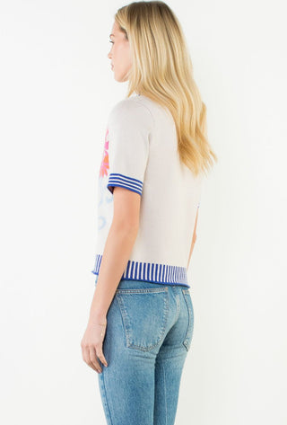 Knitted Floral Stripe Trim Button Top