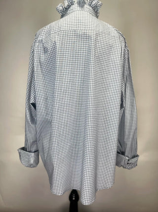 Light blue and white gingham check shirt with ruffled collar, long sleeves, and rolled cuffs, back view.