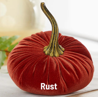 Large rust-colored velvet pumpkin with realistic green-yellow striped stem, fall decorative accent piece.