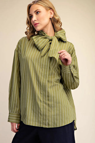 Olive green pinstripe high neck shirt with oversized bow tie detail and long sleeves.