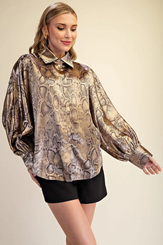 Gold and brown metallic snakeskin print oversized blouse with dramatic voluminous balloon sleeves and button front.