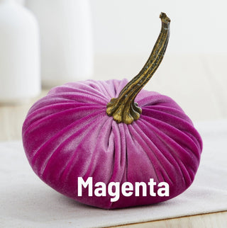 Small magenta velvet pumpkin with realistic dried gourd stem, decorative fall accent piece on white surface.