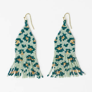 Delilah Cheetah Print Beaded Fringe Earrings Green + Gold