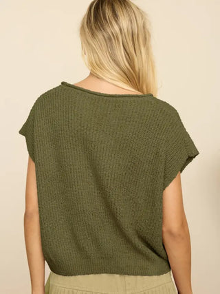 Olive green knit sweater top with cap sleeves and split neck, shown from the back.