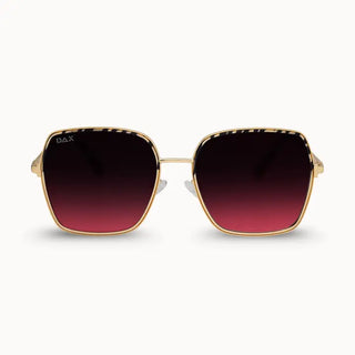 Oversized square gold metal frame sunglasses with gradient dark-to-burgundy red lenses by DAX.