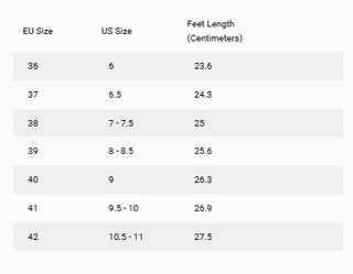 Size conversion chart showing EU sizes 36-42, US sizes 6-11, and foot lengths 23.6-27.5 centimeters for Paris G26 Sneaker.