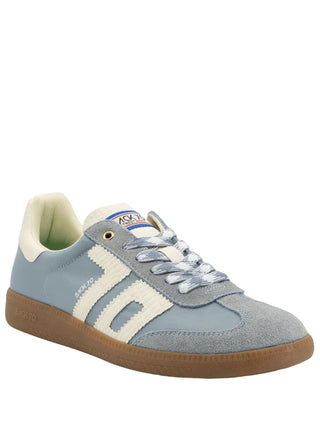 Back 70 Ghost sneaker in sky blue with cream corduroy stripes, grey suede toe, and gum rubber sole.