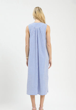 Blue and white vertical stripe sleeveless midi dress with relaxed fit, back yoke detail, and side slits.