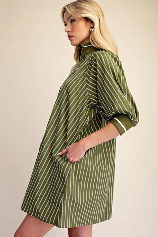 Olive green striped mini dress with mock neck half-zip, puffed sleeves, and side pocket detail.