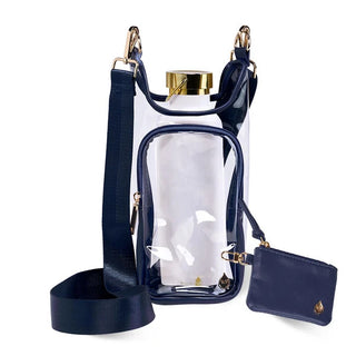 Clear stadium crossbody bag with navy trim, gold hardware, wide navy strap, and matching navy RFID card pouch.