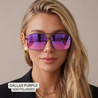 Women's modern aviator sunglasses with gradient purple-to-pink rimless lenses and slim black metal frame.