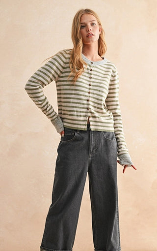 Sage green and cream striped button-front knit cardigan with ribbed cuffs, styled with wide-leg gray jeans.