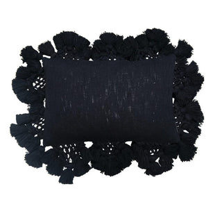 Cotton Slub Lumbar Pillow with Crochet & Tassels- Black