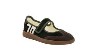Back70 AYA Mary Jane sneaker in dark green and brown suede with white "70" logo and velcro strap.