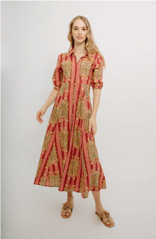 Luciana Tibet Dress Pink: midi shirt dress with red stripes, gold tiger print, and rolled sleeves.