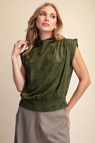 Olive green suede-look sleeveless top with high neckline, shoulder padding, and elastic waistband.