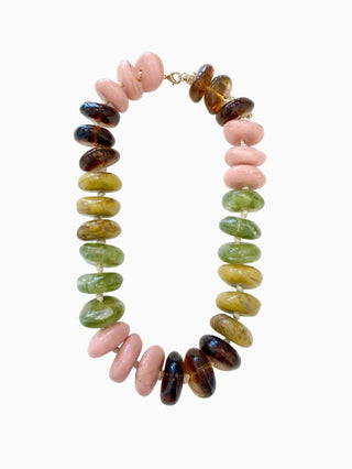 Chunky rondelle beaded necklace featuring blush pink, amber brown, olive, and sage green beads with gold clasp.