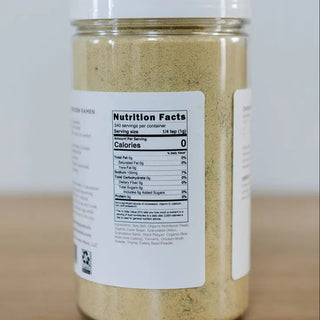 Large clear jar of Chicken Ramen Seasoning powder showing nutrition facts label, tan-colored blend with 340 servings.