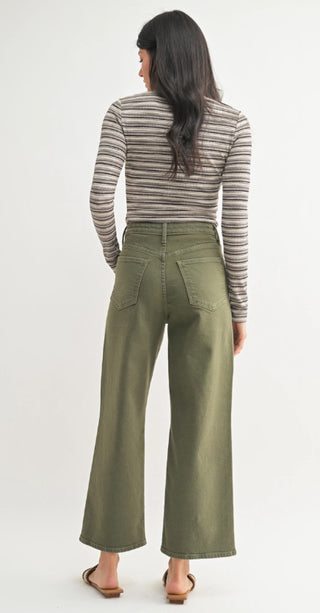 Woman wearing olive green wide-leg jeans with patch pockets and a striped long-sleeve top, back view.