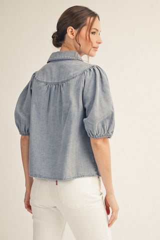 Short puff sleeves button down top