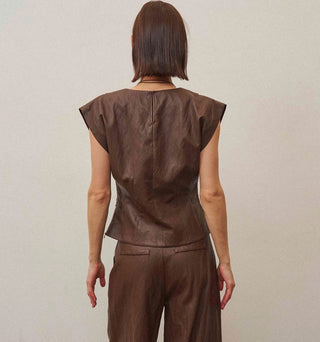 Chocolate brown vegan leather sleeveless top with structured shoulders and fitted waist, back view.