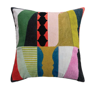 Cotton Velvet Printed Pillow w/ Abstract Design, Embroidery, Tufting & Striped Back