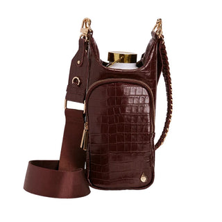 Merlot faux crocodile leather crossbody water bottle bag with gold hardware and wide shoulder strap.