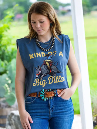 Navy blue sleeveless boxy tank top with "Kind of a Big Dillo" graphic print featuring armadillo rodeo design.