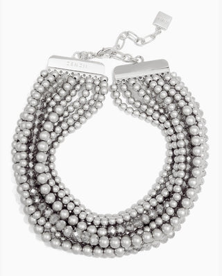 Multi-strand matte silver metallic and crystal beaded collar necklace with adjustable chain clasp by ZENZII.