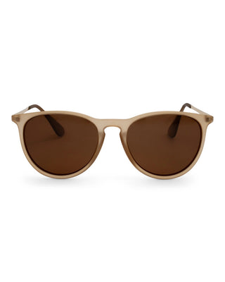 Sand-colored round polarized sunglasses with brown tinted lenses and dark tortoise temples.