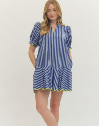 Solid puff short sleeve mini dress featuring notch collar V-neck and scallop accent trim