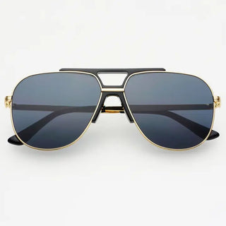 Black and gold aviator sunglasses with dark gray lenses, double bridge bar, and acetate temples.