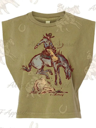 Olive green sleeveless muscle tank top featuring a vintage western cowgirl riding bucking bronco graphic print.