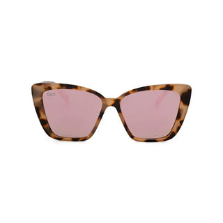 Callie medium cat eye sunglasses with cheetah tortoise frame and pink mirrored lenses by DAX.
