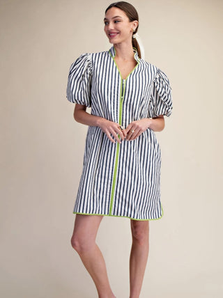 White and navy striped mini dress with puff sleeves, neon green trim, and V-neckline detail.
