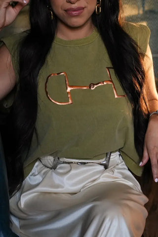 Olive green crewneck tee with rose gold embroidered horse bit graphic on chest.
