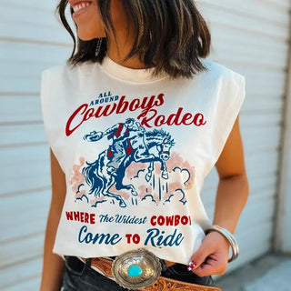 Wildest Cowboy| Western Graphic Cropped Muscle Tank – Vintage White