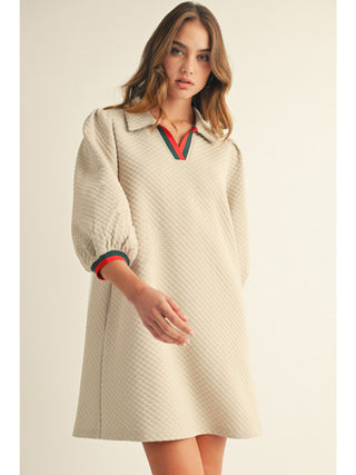 Cream quilted 3/4 puff sleeve mini dress with red and green striped collar and cuff trim