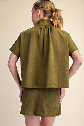 Olive green linen stand collar short sleeve boxy crop shirt, back view, matching skirt set