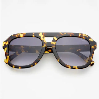 Oversized aviator sunglasses in yellow tortoise acetate frame with dark gradient lenses and double bridge.