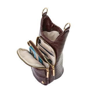 Merlot faux crocodile-embossed mini backpack open showing organized interior compartments with gold zipper hardware.
