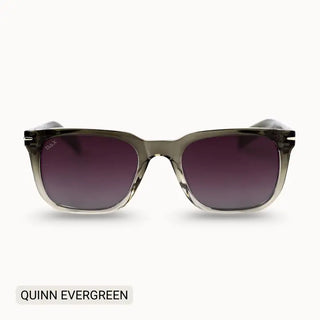 Quinn sunglasses in evergreen, featuring gradient olive-green transparent frames with dark purple-tinted lenses.